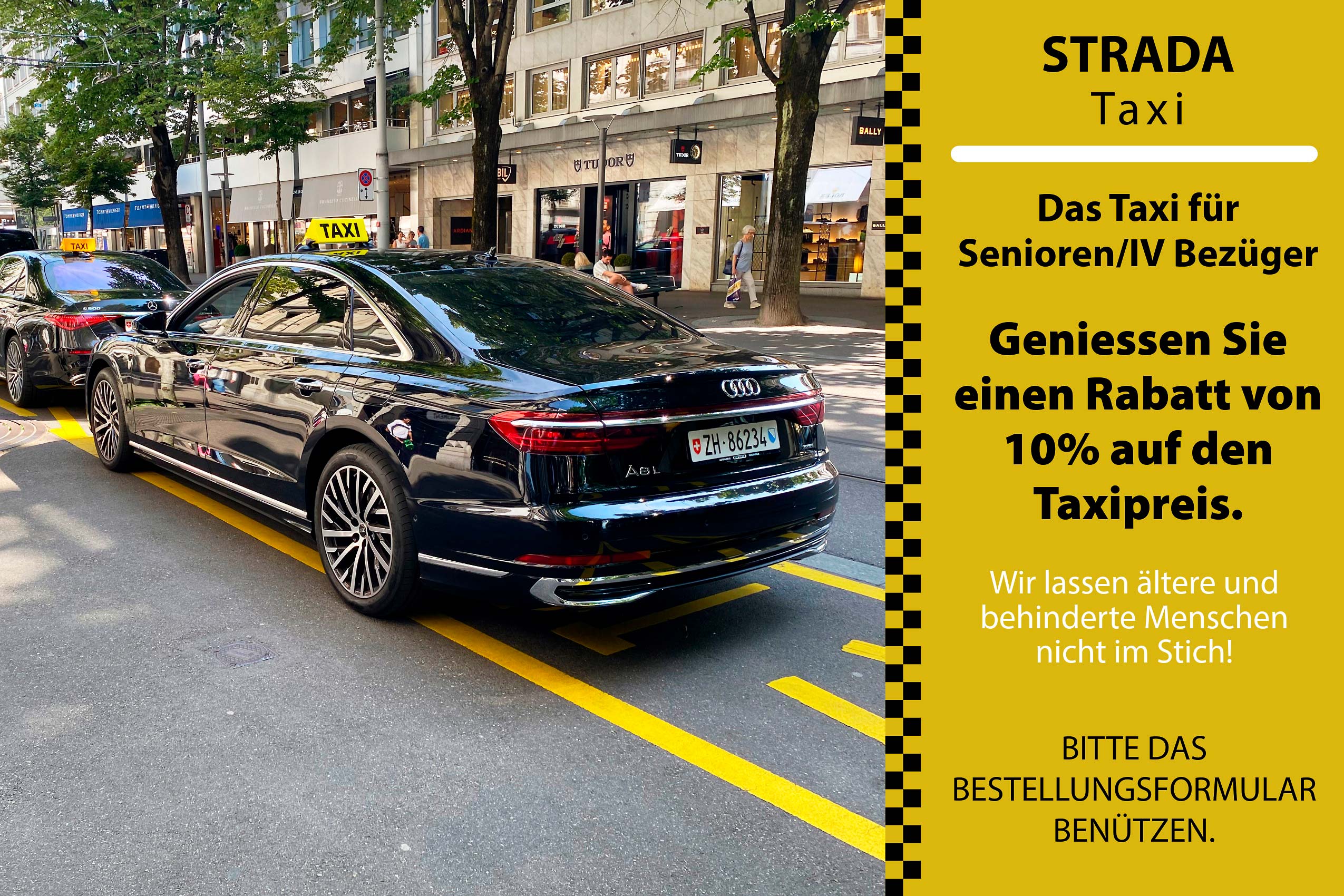 Taxi für Senioren 15% Rabatt. Zahlung Bar, Bankkarte und Twint.